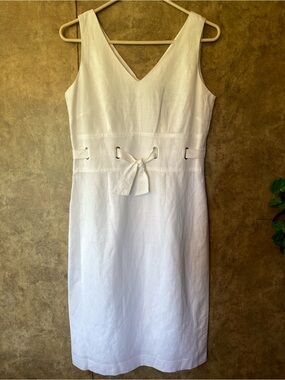 Positive Attitude White Linen Blend Sheath Dress Sleeveless Tie Waist Size 6